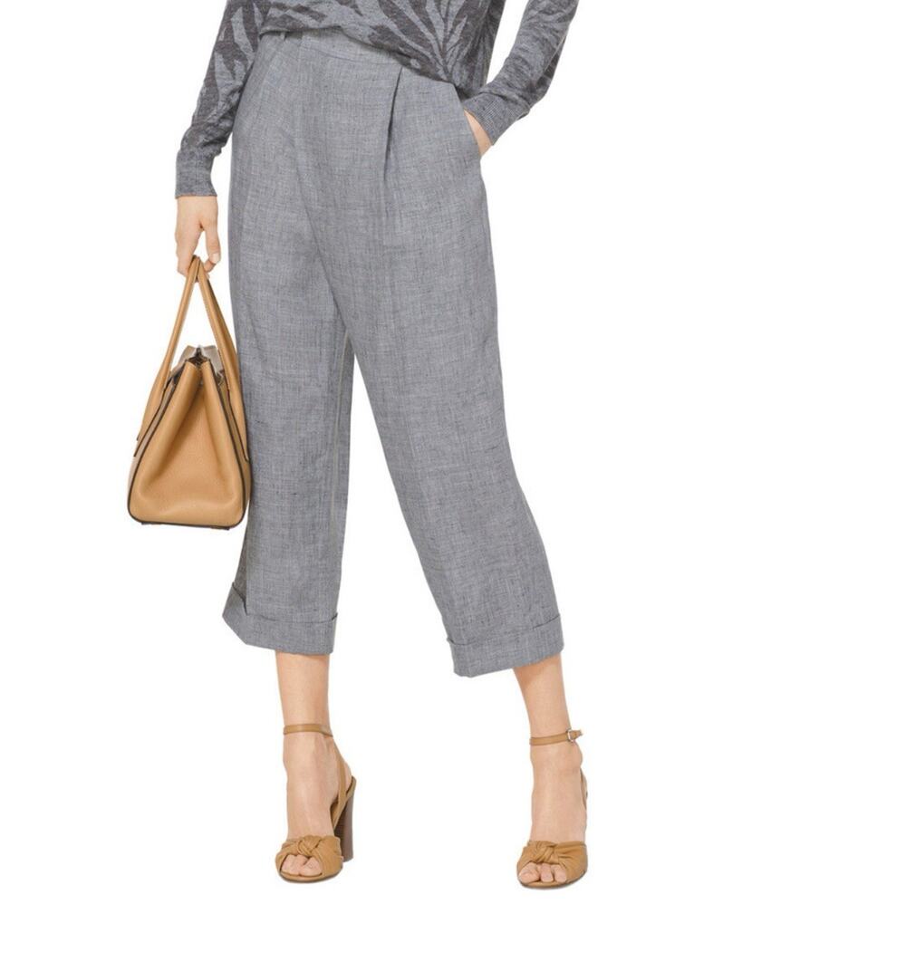 Michael Kors Collection Linen Cropped Cuffed Trousers Pants Grey 8